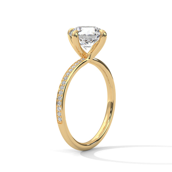 “Celeste Ring—round brilliant diamond beauty, four-prong tulip elegance, and refined pavé sparkle crafted to symbolize timeless love, radiant grace, and everlasting sophistication.”