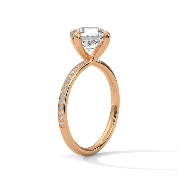 “Celeste Ring—round brilliant diamond beauty, four-prong tulip elegance, and refined pavé sparkle crafted to symbolize timeless love, radiant grace, and everlasting sophistication.”