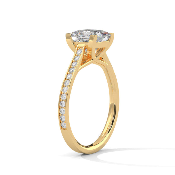 “Aria Ring—princess-cut diamond brilliance, sleek four-prong elegance, and pavé-band sparkle crafted to symbolize modern beauty, timeless love, and unforgettable moments.”