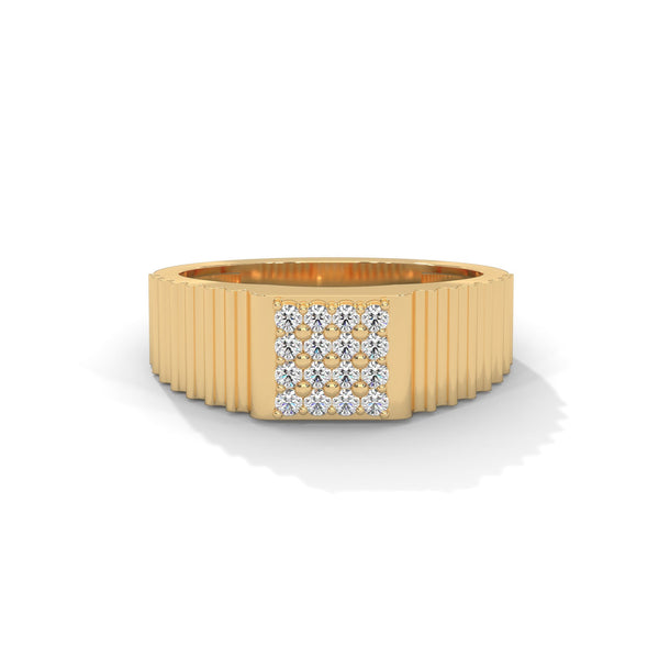 “Bold gold men’s diamond ring showcasing a sleek grooved band and radiant square diamond cluster, crafted for luxury, style, and everyday elegance.”