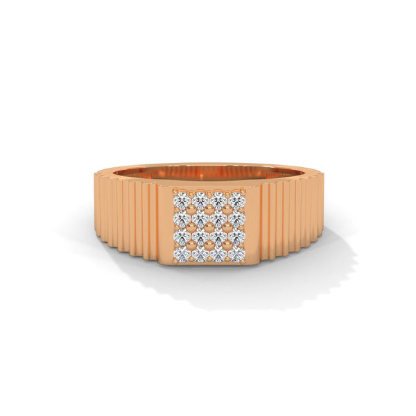 “Bold gold men’s diamond ring showcasing a sleek grooved band and radiant square diamond cluster, crafted for luxury, style, and everyday elegance.”