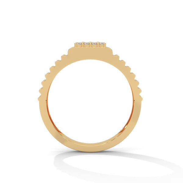 “Bold gold men’s diamond ring showcasing a sleek grooved band and radiant square diamond cluster, crafted for luxury, style, and everyday elegance.”