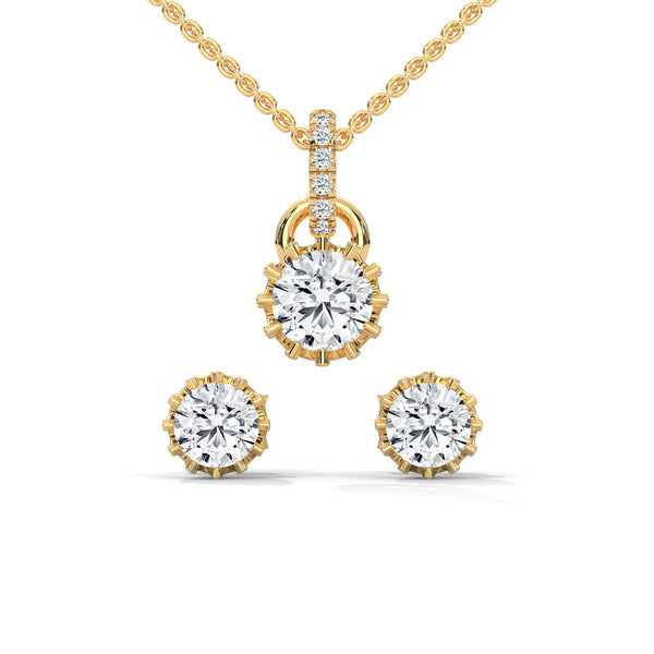 A mesmerizing rose gold jewelry set featuring dazzling round-cut diamonds framed in floral-inspired prongs, perfect for elevating any occasion with timeless sparkle.