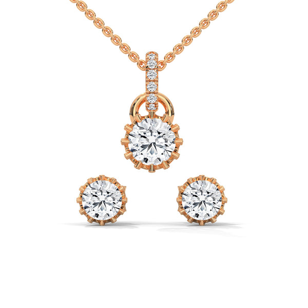 A mesmerizing rose gold jewelry set featuring dazzling round-cut diamonds framed in floral-inspired prongs, perfect for elevating any occasion with timeless sparkle.