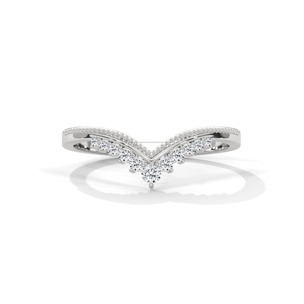 V-shaped gold band with row of round-cut lab grown diamonds
