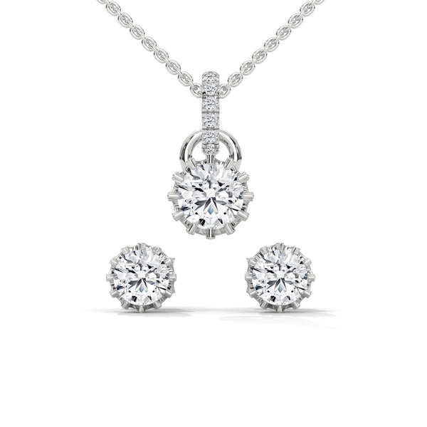 A mesmerizing rose gold jewelry set featuring dazzling round-cut diamonds framed in floral-inspired prongs, perfect for elevating any occasion with timeless sparkle.