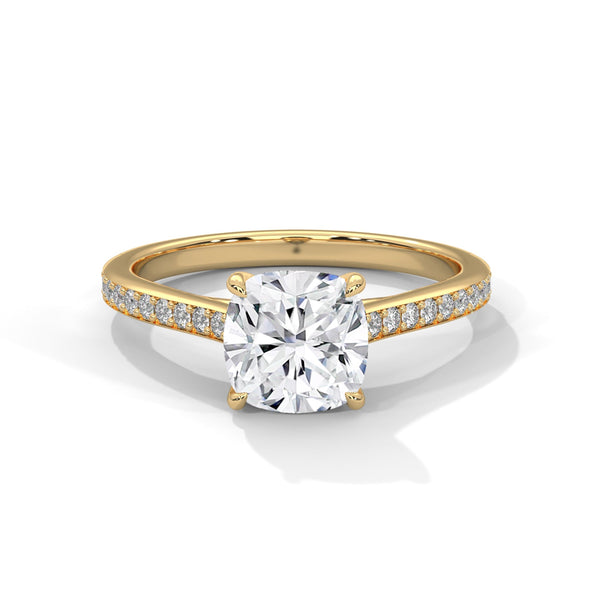“Cushion-cut diamond solitaire ring in white gold—brilliant sparkle, pavé band elegance,and timeless luxury crafted for everlasting love.”