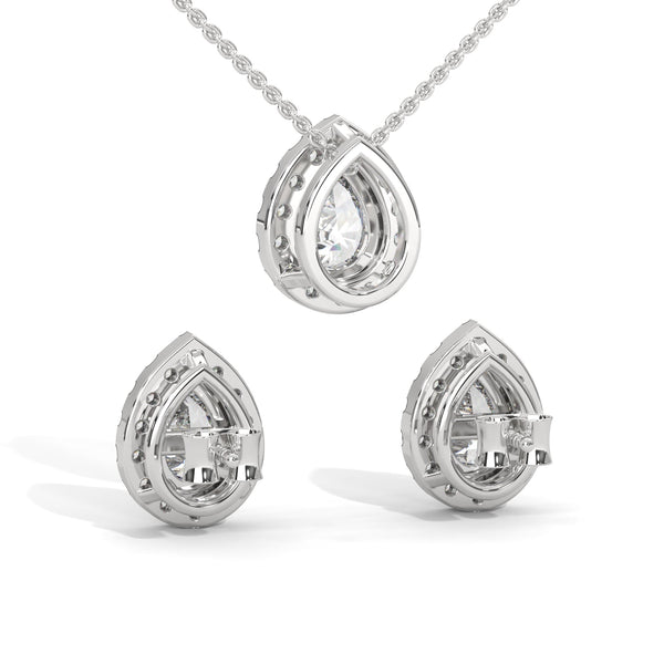 A graceful rose gold jewelry set with pear-shaped diamonds surrounded by shimmering halos, capturing timeless sophistication with every sparkle.