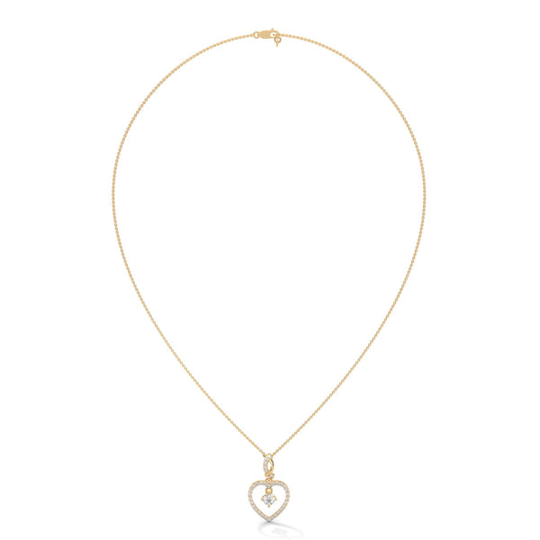 Celebrate love with the Eternal Embrace Heart Pendant, where a sparkling solitaire is cradled within a diamond-studded golden heart.