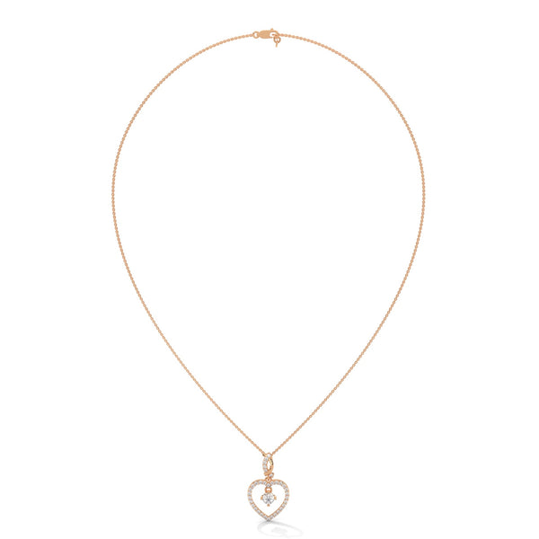 Celebrate love with the Eternal Embrace Heart Pendant, where a sparkling solitaire is cradled within a diamond-studded golden heart.