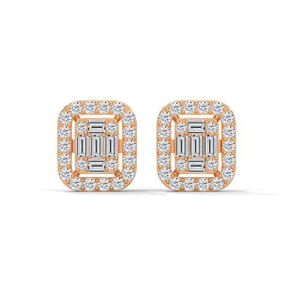 Double Halo Baguette cut Lab Grown Diamond Gold Earrings
