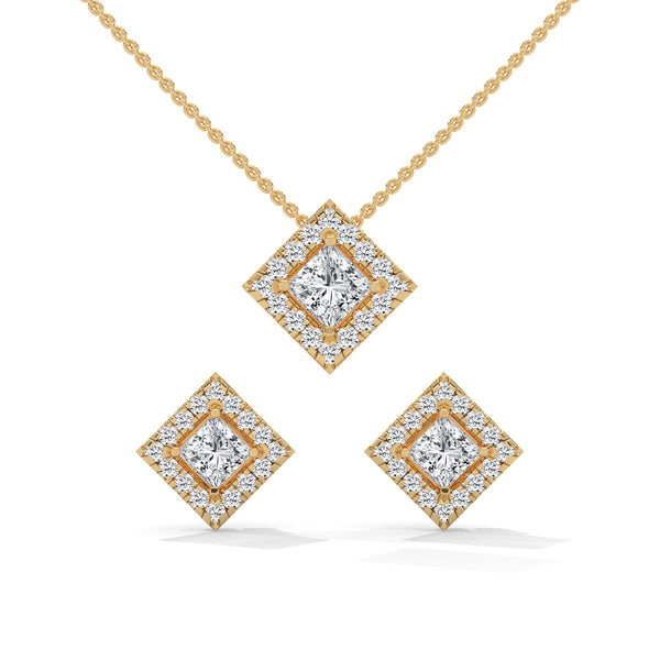 A striking rose gold jewelry set featuring square princess-cut diamonds framed in radiant round halos, combining sharp sophistication with brilliant sparkle.