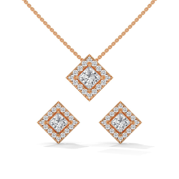 A striking rose gold jewelry set featuring square princess-cut diamonds framed in radiant round halos, combining sharp sophistication with brilliant sparkle.