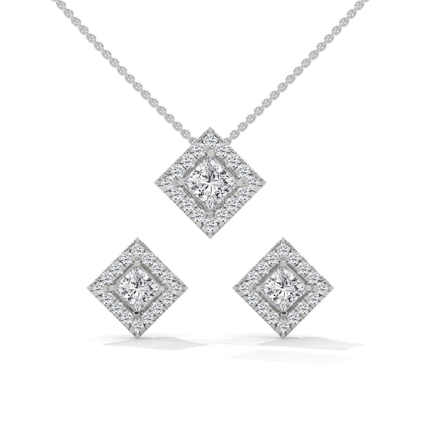 A striking rose gold jewelry set featuring square princess-cut diamonds framed in radiant round halos, combining sharp sophistication with brilliant sparkle.