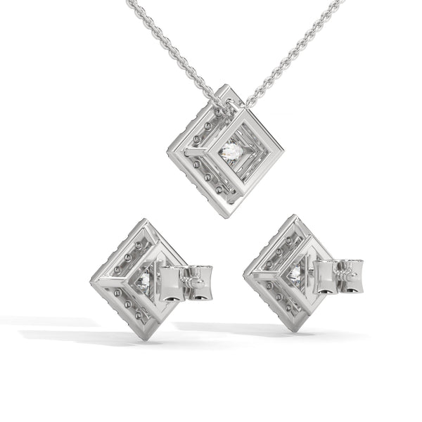 A striking rose gold jewelry set featuring square princess-cut diamonds framed in radiant round halos, combining sharp sophistication with brilliant sparkle.