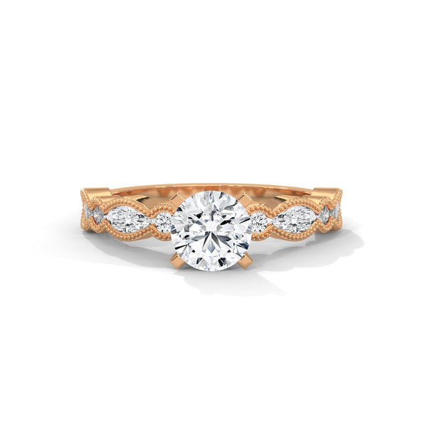A rose gold solitaire with milgrain detailing and alternating marquise and round diamonds, capturing timeless elegance with every glance.