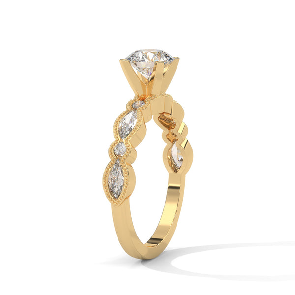 A rose gold solitaire with milgrain detailing and alternating marquise and round diamonds, capturing timeless elegance with every glance.