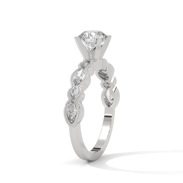 A rose gold solitaire with milgrain detailing and alternating marquise and round diamonds, capturing timeless elegance with every glance.