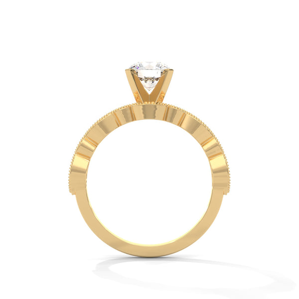A rose gold solitaire with milgrain detailing and alternating marquise and round diamonds, capturing timeless elegance with every glance.