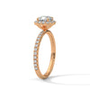 A cushion-cut lab-grown diamond surrounded by a delicate halo — timeless romance with a soft, feminine glow