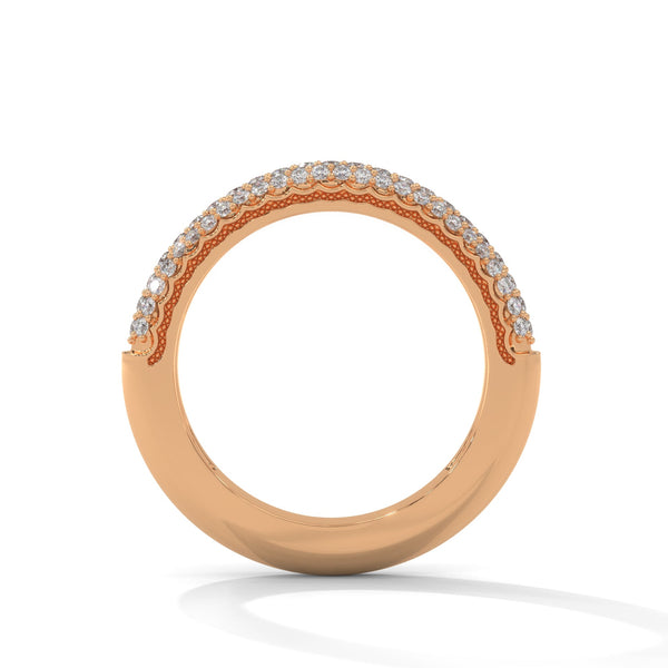A dazzling yellow gold band pavé-set with three rows of brilliant round diamonds, delivering radiant sparkle from every angle.
