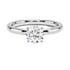 A refined solitaire ring featuring a round brilliant diamond held in a six-prong trellis setting, paired with a polished white gold band.
