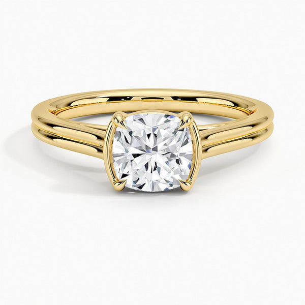 A sleek cathedral-style ring with split shoulders that elegantly lift the diamond in a graceful arc.