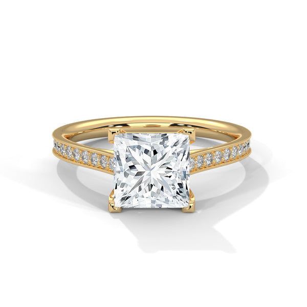 “Celeste Ring—princess-cut diamond brilliance, pavé-band sparkle, and modern geometric elegance crafted to symbolize timeless love, radiant beauty, and unforgettable moments.”