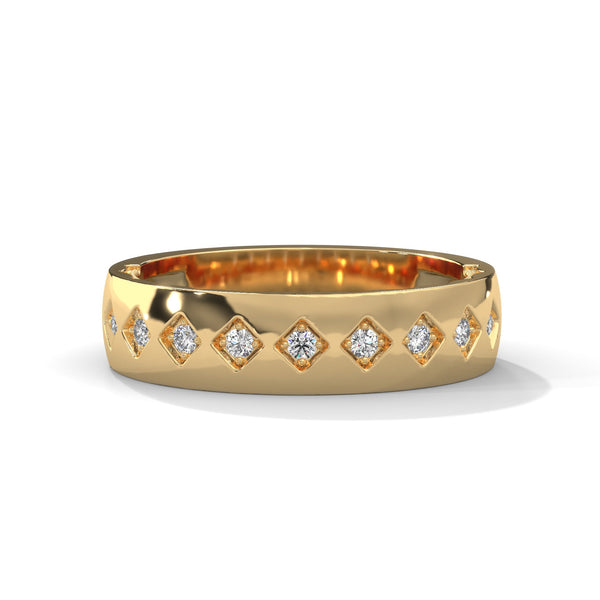 “A bold gold diamond band featuring intricate geometric detailing and sparkling brilliance, crafted for timeless elegance and standout everyday luxury.”.
