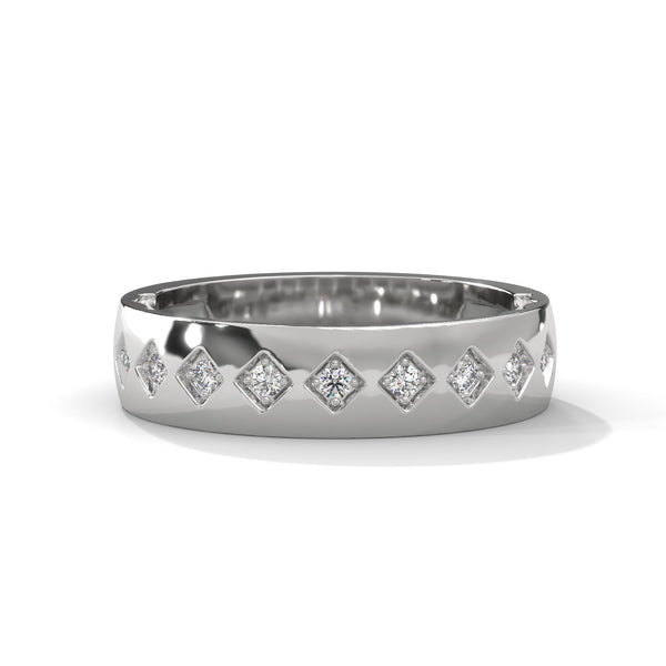 “A bold gold diamond band featuring intricate geometric detailing and sparkling brilliance, crafted for timeless elegance and standout everyday luxury.”.