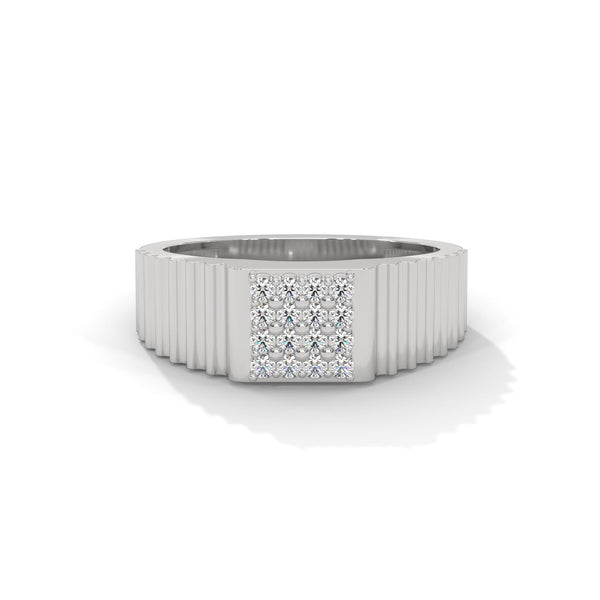 “Bold gold men’s diamond ring showcasing a sleek grooved band and radiant square diamond cluster, crafted for luxury, style, and everyday elegance.”