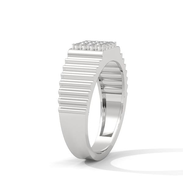 “Bold gold men’s diamond ring showcasing a sleek grooved band and radiant square diamond cluster, crafted for luxury, style, and everyday elegance.”
