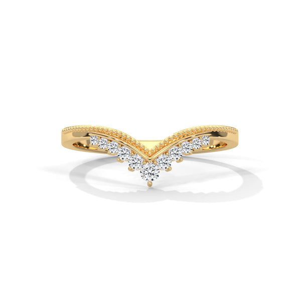 V-shaped gold band with row of round-cut lab grown diamonds