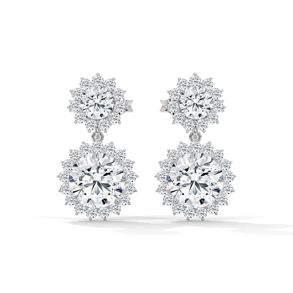 Twilight Bloom Double Halo Lab Grown Round Diamond Gold Drop Earrings
