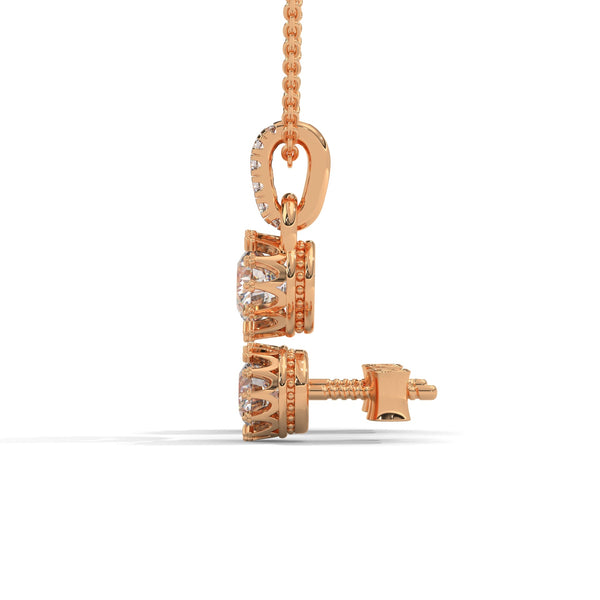 A mesmerizing rose gold jewelry set featuring dazzling round-cut diamonds framed in floral-inspired prongs, perfect for elevating any occasion with timeless sparkle.