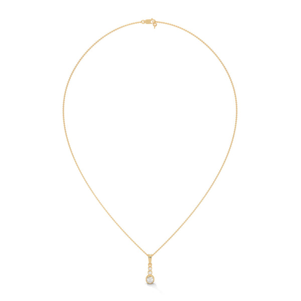 Modern elegance shines through the Trinity Radiance Pendant, featuring a graceful cascade of bezel-set diamonds in a sleek gold design.