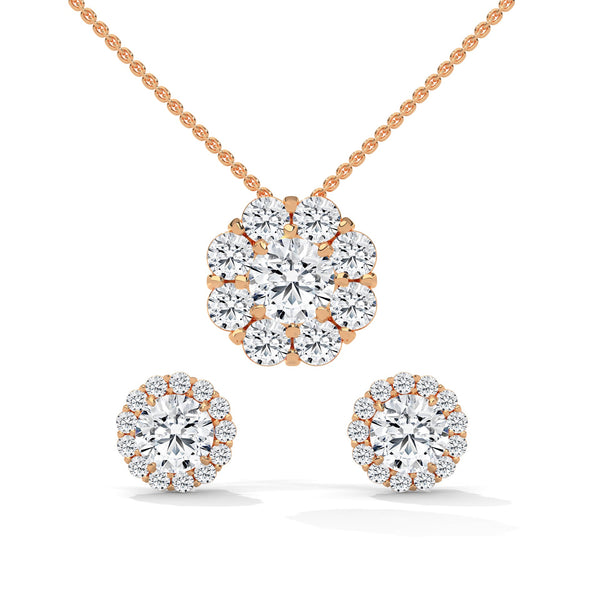 A captivating rose gold pendant and stud earring set featuring dazzling round-cut diamonds arranged in a blooming floral cluster for maximum sparkle and charm.