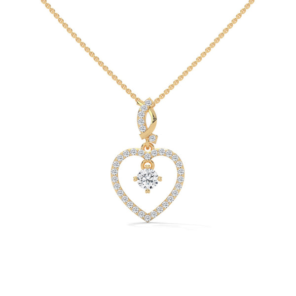 Celebrate love with the Eternal Embrace Heart Pendant, where a sparkling solitaire is cradled within a diamond-studded golden heart.