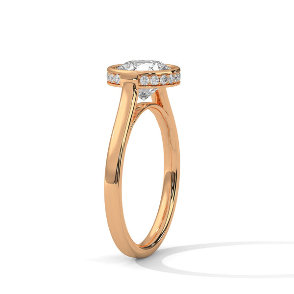 Round Cut Lab Grown Diamond Bezel Halo Gold Ring