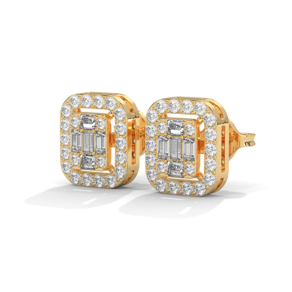 Double Halo Baguette cut Lab Grown Diamond Gold Earrings