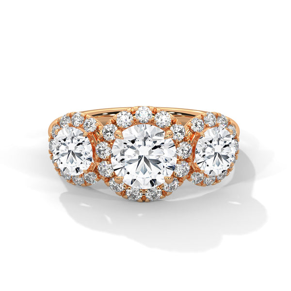 “Celebrate everlasting love with a three-stonehalo diamond ring that shines with brilliant sparkle, luxury craftsmanship, and timeless elegance.”