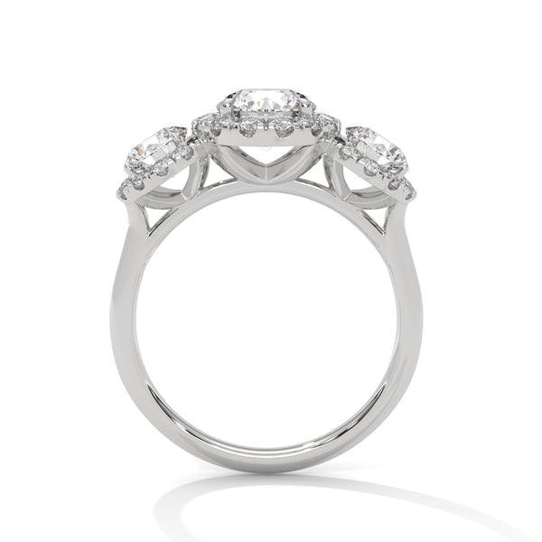 “Celebrate everlasting love with a three-stonehalo diamond ring that shines with brilliant sparkle, luxury craftsmanship, and timeless elegance.”