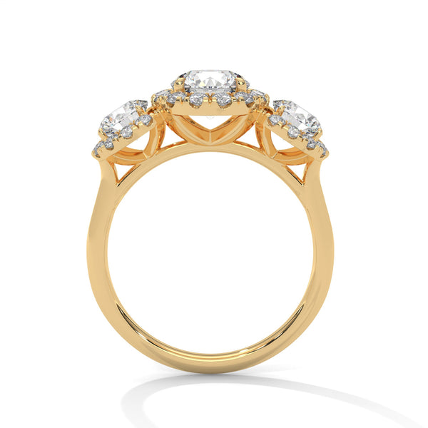 “Celebrate everlasting love with a three-stonehalo diamond ring that shines with brilliant sparkle, luxury craftsmanship, and timeless elegance.”