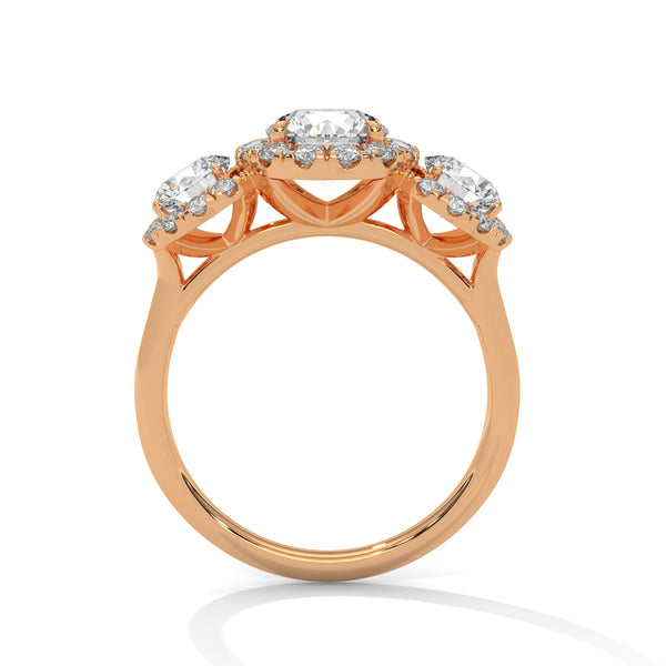 “Celebrate everlasting love with a three-stonehalo diamond ring that shines with brilliant sparkle, luxury craftsmanship, and timeless elegance.”