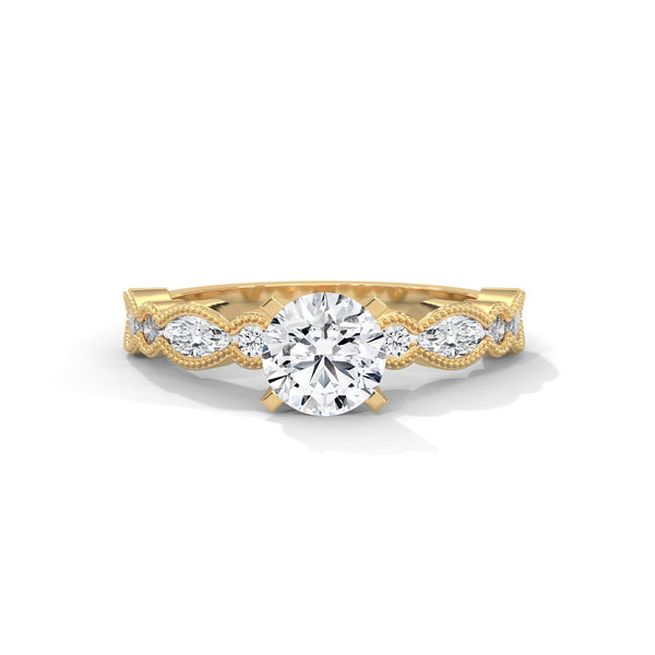 A rose gold solitaire with milgrain detailing and alternating marquise and round diamonds, capturing timeless elegance with every glance.