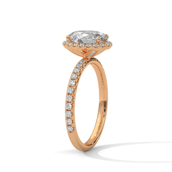 An elegant oval lab-grown diamond encased in a radiant halo — graceful, elongated beauty that sparkles endlessly.
