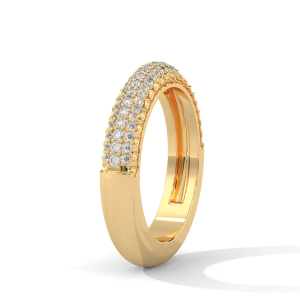 A dazzling yellow gold band pavé-set with three rows of brilliant round diamonds, delivering radiant sparkle from every angle.