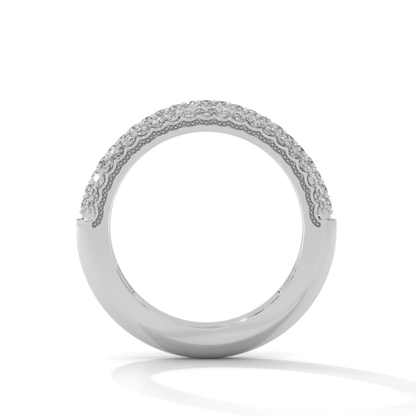 A dazzling yellow gold band pavé-set with three rows of brilliant round diamonds, delivering radiant sparkle from every angle.