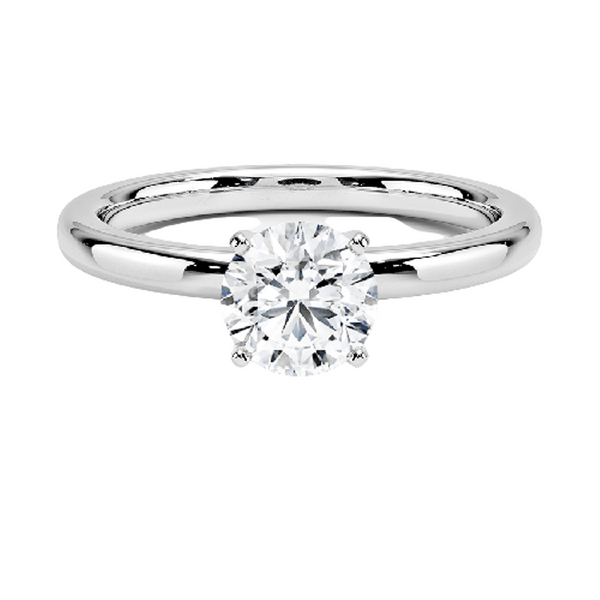 A refined solitaire ring featuring a round brilliant diamond held in a six-prong trellis setting, paired with a polished white gold band.