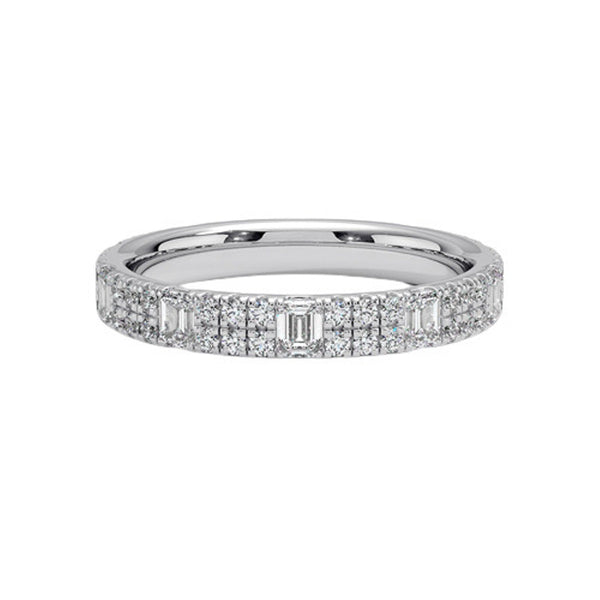 Radiate timeless elegance with this yellow-gold diamond band, featuring brilliant round and baguette stones for a luxurious, sparkling statement of everlasting love.